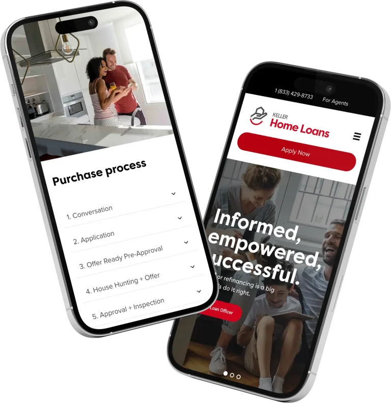 Two phones showing the mobile, responsive version of the Keller Home Loans website redesign.