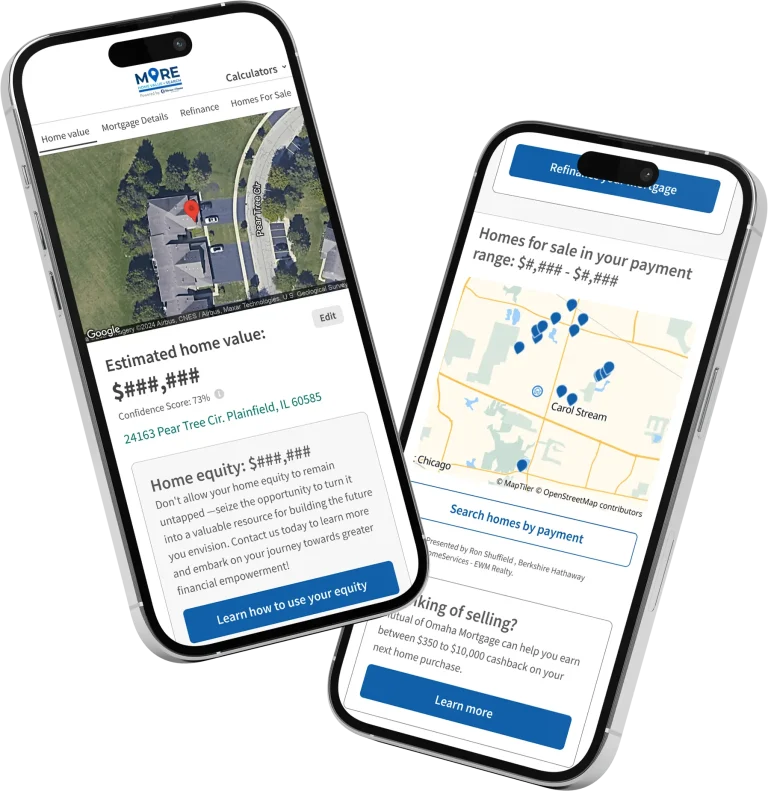 Two phones showing the mobile, responsive version of the MORE Home Valuation application design.