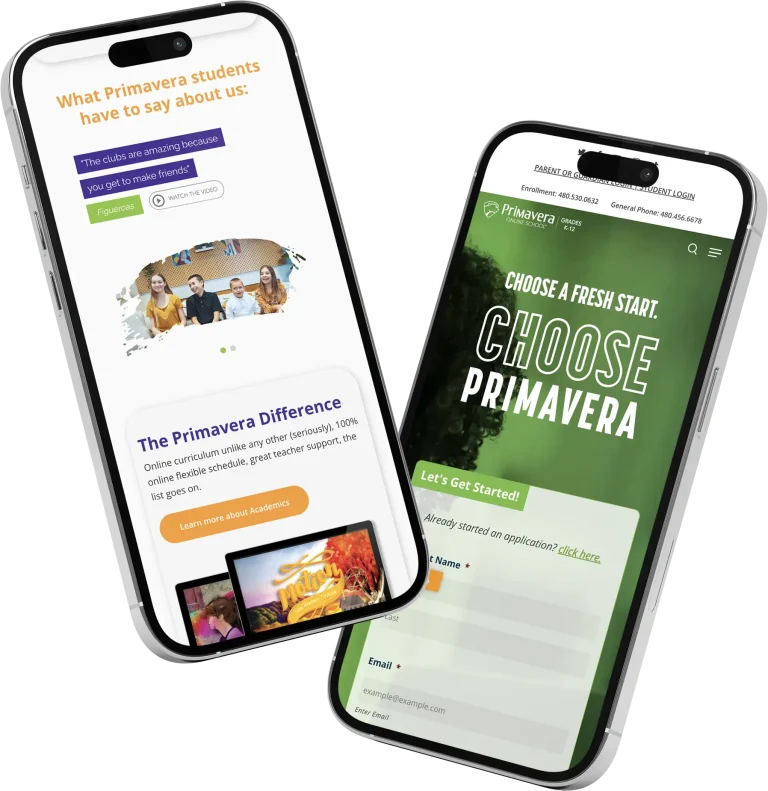 Two phones showing the mobile, responsive version of the Primavera Online website redesign.