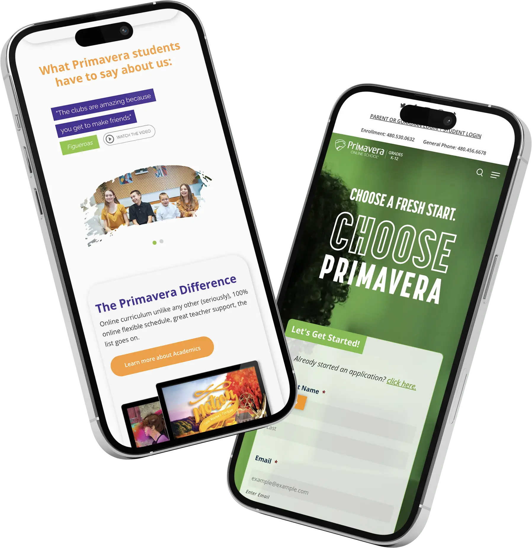 Two phones showing the mobile, responsive version of the Primavera Online website redesign.