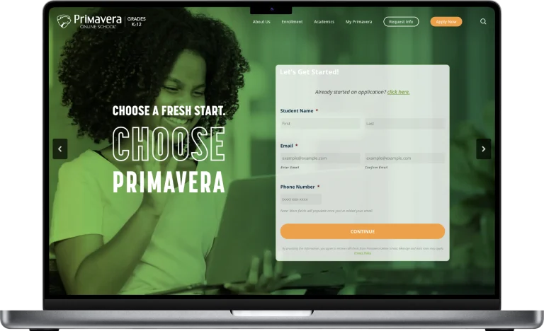 A laptop showing the new design for Primavera Online School's website.